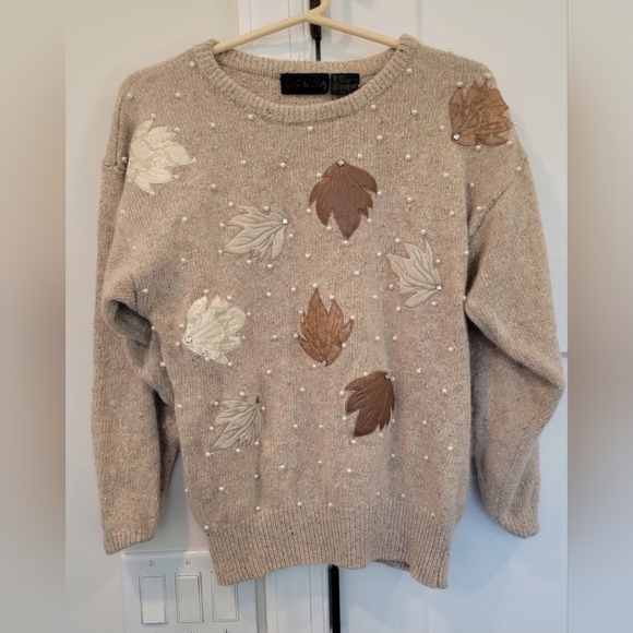 UNO & UNA Vintage Sweater Tan Silk Angora Wool Leather & Pearl Detail Si… - Picture 4 of 4